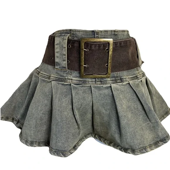 Sun Dream Retro Strapless Denim 2pc Detachable Brown Chunky Belt Kilt Mini Skirt - Picture 4 of 9